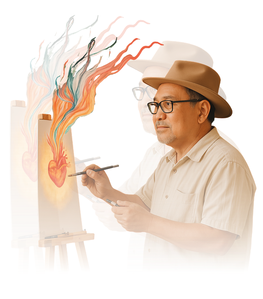 An artist in a beige shirt and hat paints two glowing hearts on easels, surrounded by colorful tendrils of paint.
